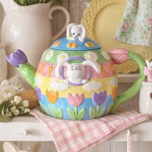 Vintage Easter Bunny Teapot Pastel Tulip Spring Cottagecore Whimsical Decor 90s